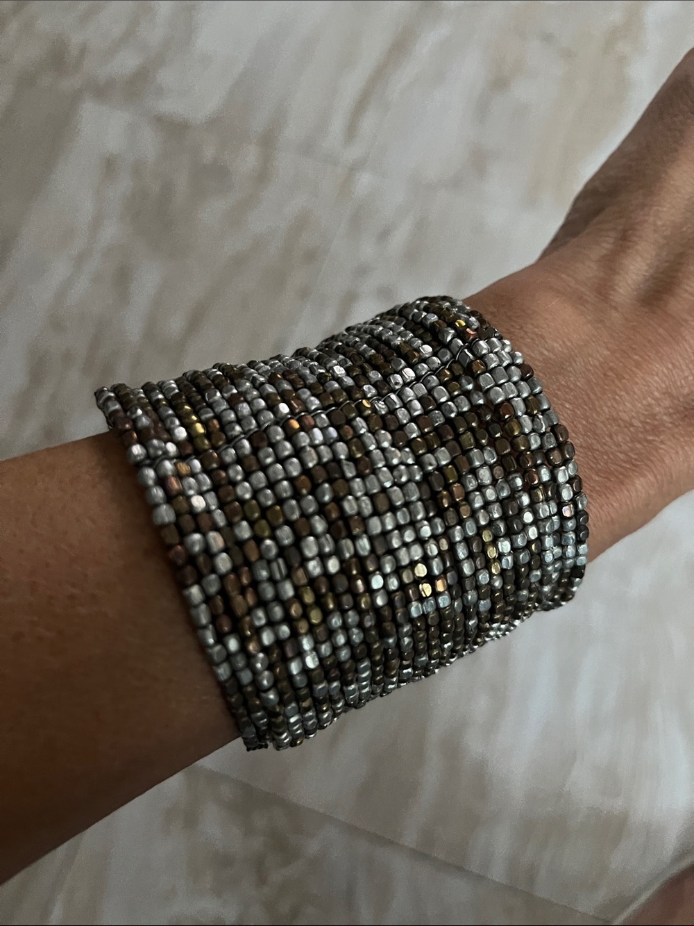 Multi-Tone Seed Bead Wide Cuff Bracelet - Silver, Gold & Bronze